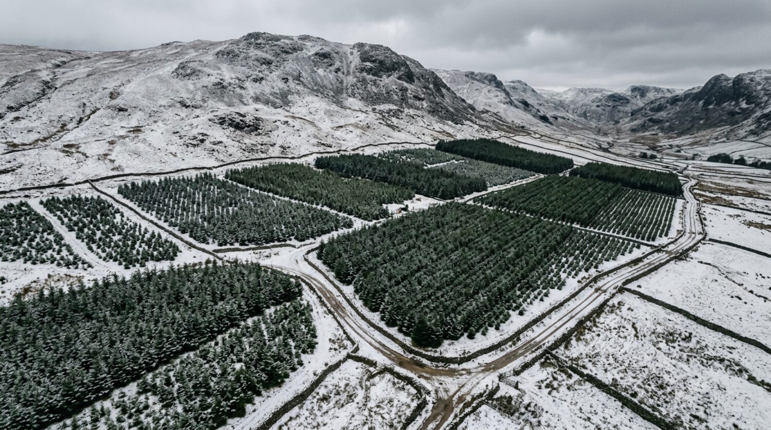 An aerial view of neat rows of fir under light snow in the Cumbrian fells