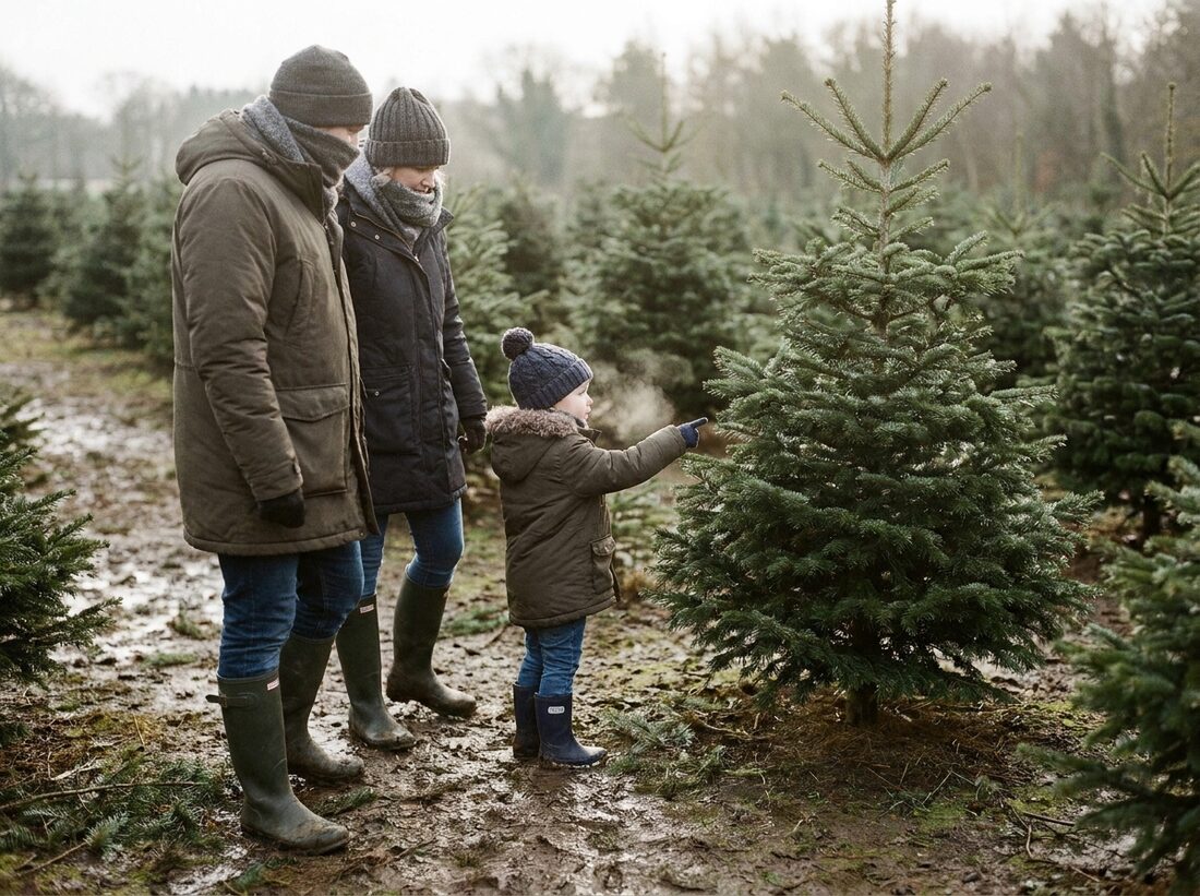 A family walking between rows of firs choosing a Christmas tree