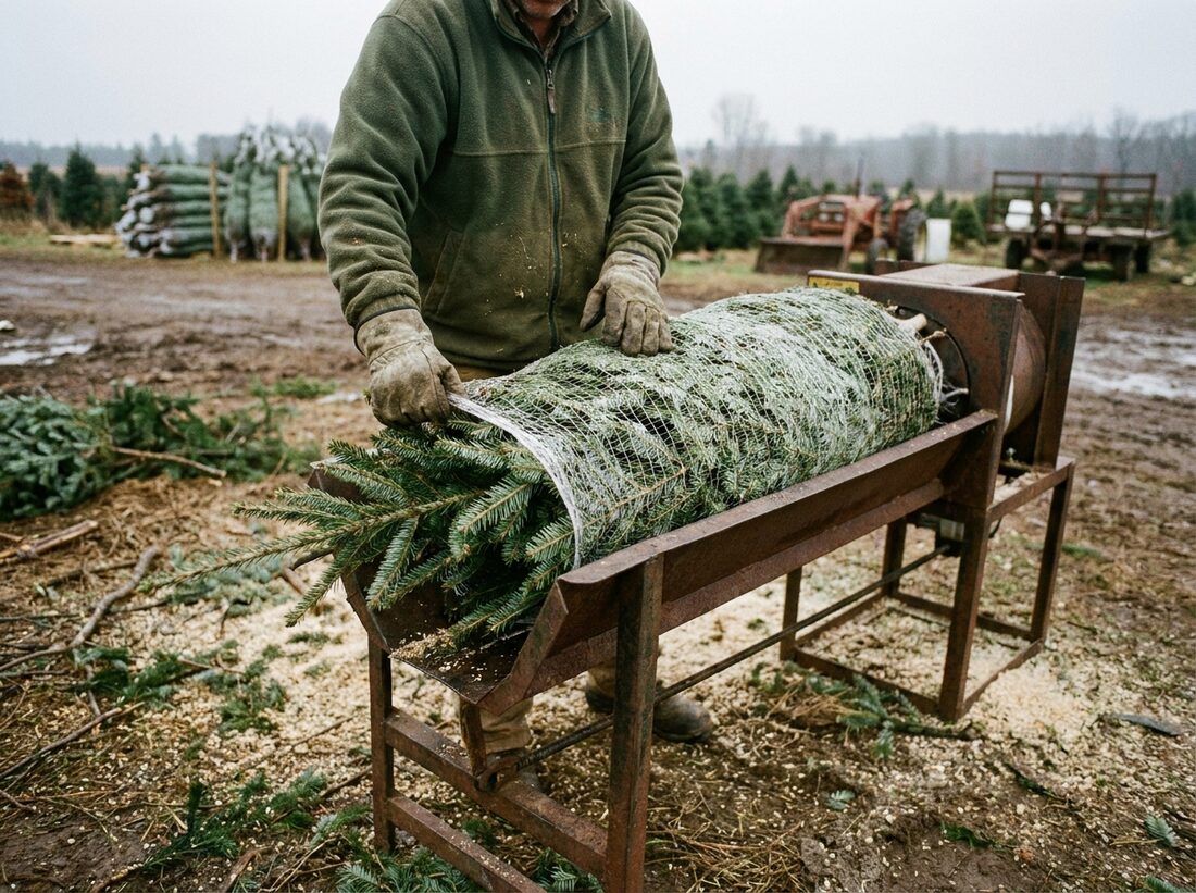 A tree being netted in the plantation yard