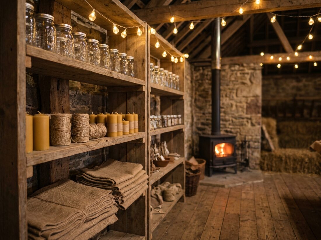 The barn set up as a seasonal shop, with timber shelving and warm festoon lighting