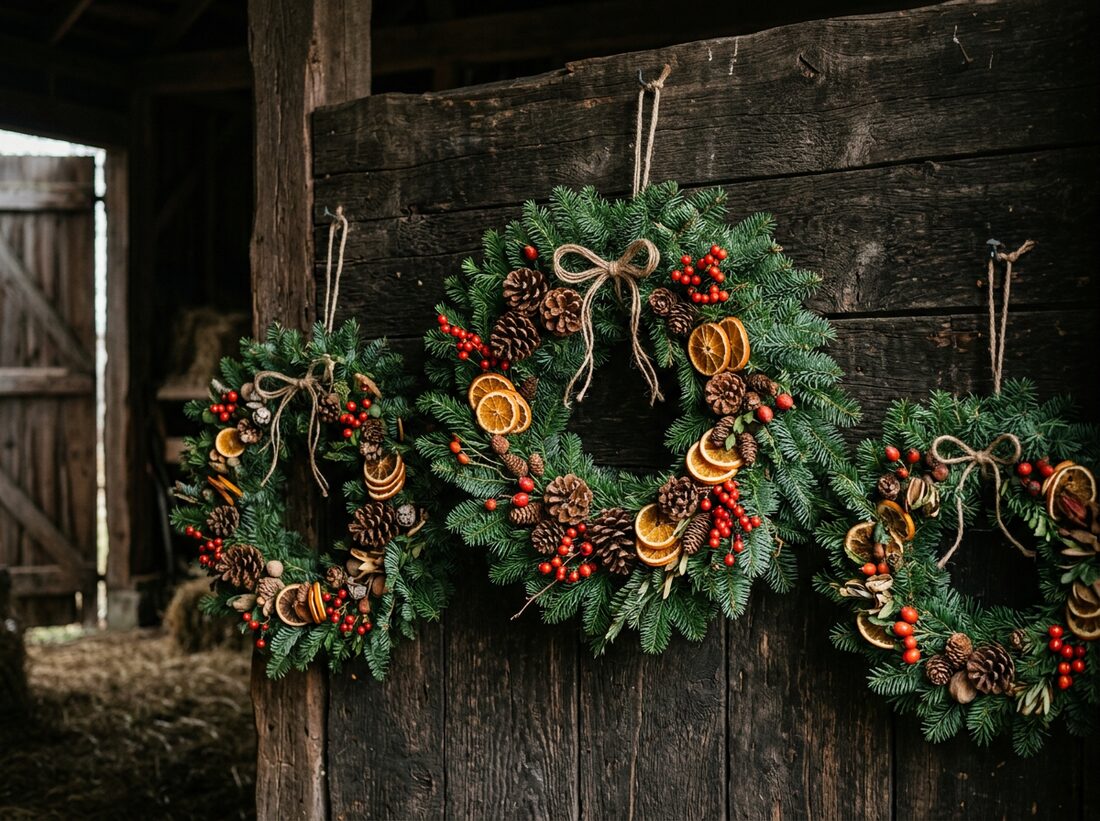 Handmade Christmas wreaths on a timber barn wall with cones, dried orange and berries